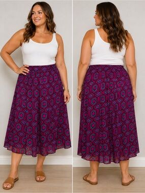 HER Destiny Women’s Large Geometric Print Midi Skirt Magenta Teal